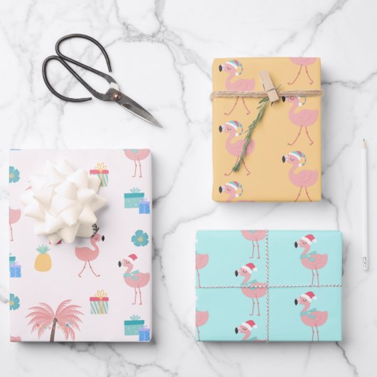 Santa Flamingo patroon Fun Pink Tropische Kerstmis Inpakpapier Vel (Voorkant)