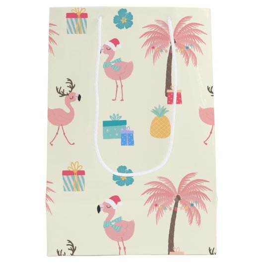 Santa Flamingo patroon Fun Pink Tropische Kerstmis Medium Cadeauzakje (Achterkant)