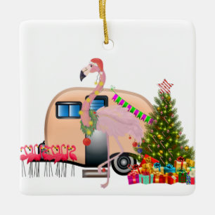 santa flamingo trailer keramisch ornament