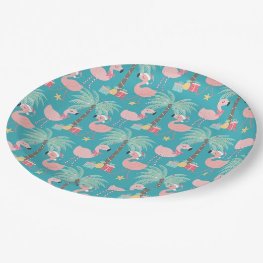 Santa Flamingo's - Fun Aqua Tropical Kerstmis Papieren Bordje (Gekanteld)