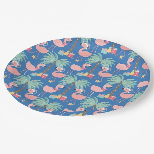 Santa Flamingo's - Fun Blue Tropical Kerstmis Papieren Bordje (Gekanteld)