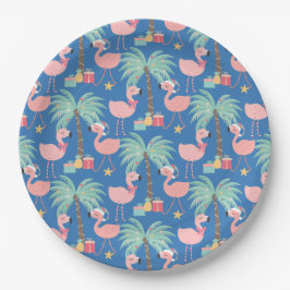 Santa Flamingo's - Fun Blue Tropical Kerstmis Papieren Bordje