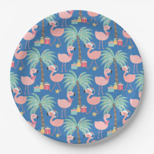 Santa Flamingo's - Fun Blue Tropical Kerstmis Papieren Bordje