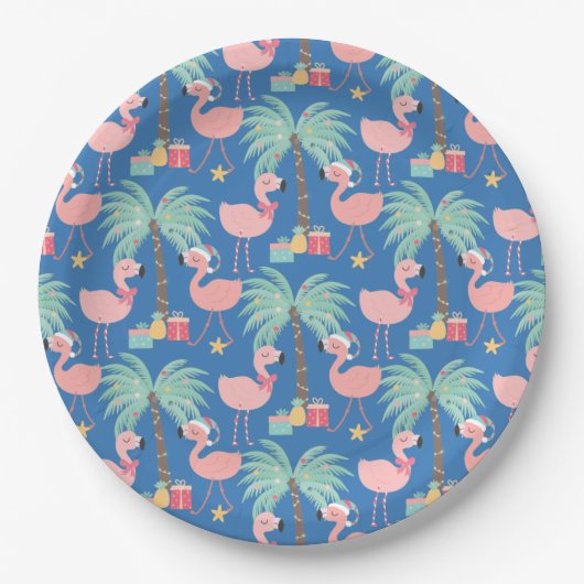 Santa Flamingo's - Fun Blue Tropical Kerstmis Papieren Bordje (Voorkant)