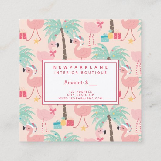 Santa Flamingo's - Roze Kerstcadeaubon Vierkante Visitekaartje (Achterkant)