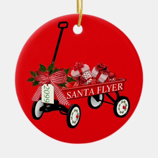 Santa Flyer Speelgoed Red Wagon met kerstmis Keramisch Ornament (Voorkant)