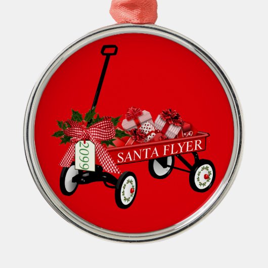 Santa Flyer Speelgoed Red Wagon met kerstmis Metalen Ornament (Voorkant)
