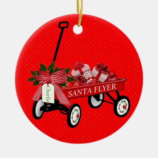Santa Flyer Speelgoed Wagon Naam Porcelain Kerstmi Keramisch Ornament (Voorkant)