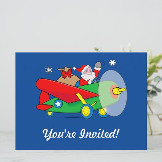 Santa Flying Airplane Cadeaus Kerstfeest Uitnodige Kaart (Staand voorkant)