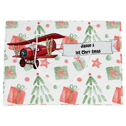 Santa Flying Airplane, Eerste Kerstdag Gepersonali Groot Cadeauzakje (Voorkant)