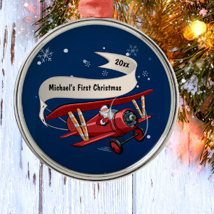 Santa Flying Airplane, Kinder Eerste Kerstdag, Cus Metalen Ornament