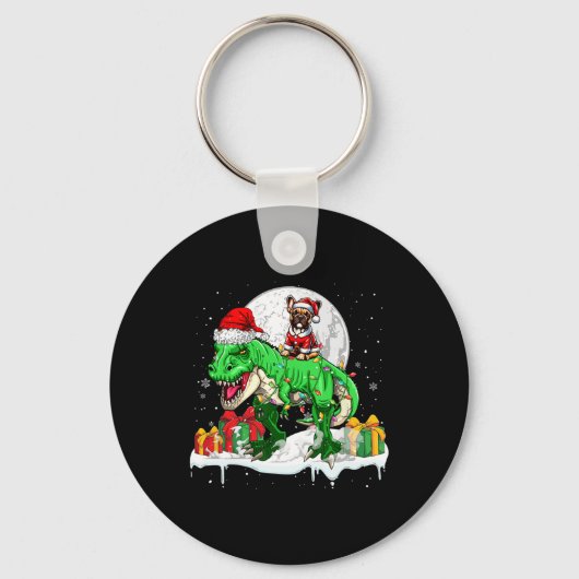 Santa French Bulldog Riding T-rex Christmas Owner Sleutelhanger (Voorkant)