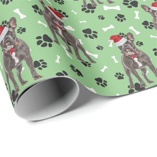 Santa Frenchie Paw Print Pattern op Green Cadeaupapier (Rol Hoek)