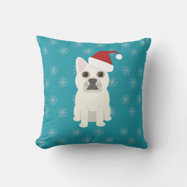 Santa Frenchie, Sneeuwvlokken Blauw Kussen (Voorkant)