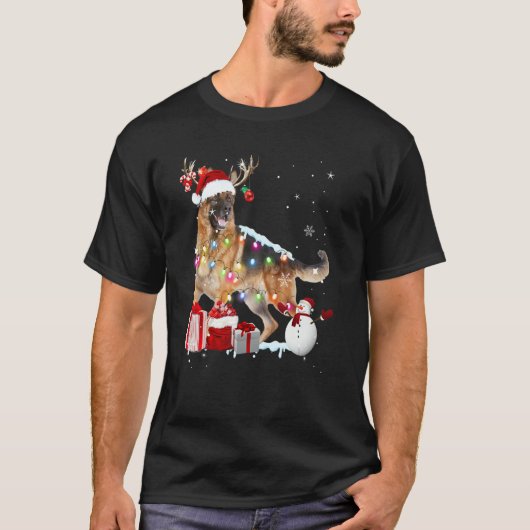 Santa German Shepherd Reindeer Christmas Lights  X T-shirt (Voorkant)