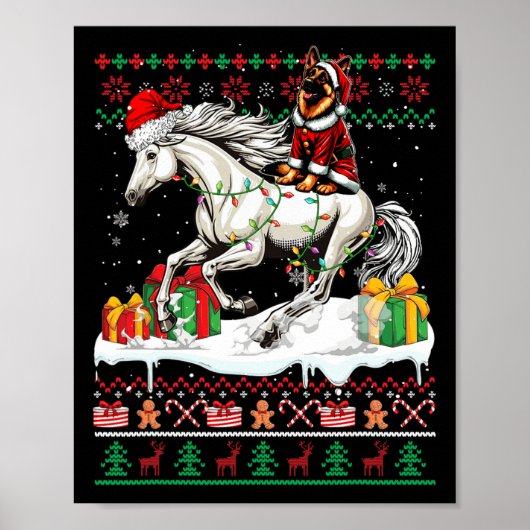 Santa German Shepherd Rijdend Paard Kerstzweet Poster (Voorkant)