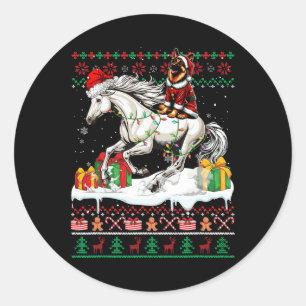 Santa German Shepherd Rijdend Paard Kerstzweet Ronde Sticker