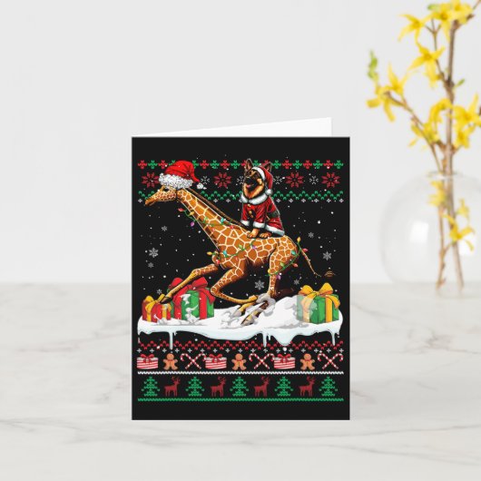 Santa German Shepherd Rijdende Giraffe Christmas S Kaart (Gele Bloem)