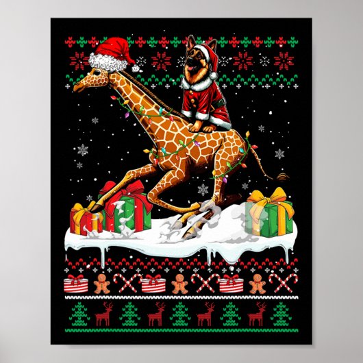 Santa German Shepherd Rijdende Giraffe Christmas S Poster (Voorkant)