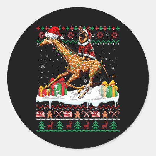 Santa German Shepherd Rijdende Giraffe Christmas S Ronde Sticker (Voorkant)