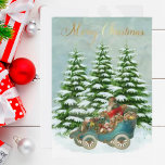 Santa Gifts in z'n auto Sneeuwbomen  FLAT Feestdagenkaart<br><div class="desc">De geweldige kerstman in zijn auto die door de sneeuw navigeert met alle mooie cadeaus die wachten op verdeling. Bomen met sneeuw zetten het podium in voor de achtergrond en een gouden kerstboodschap. Pas je aan de achterkant aan in een charmante vakantie-lijst.</div>