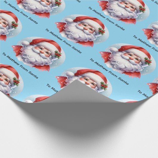 Santa Giftwrap with Personalized Name Blue Cadeaupapier (Hoek)