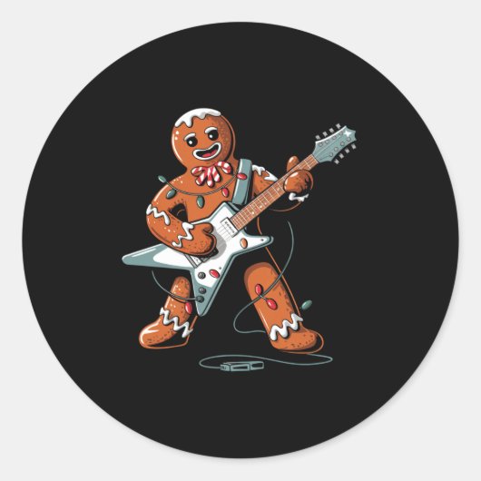 Santa Gingerbread Playing Guitar Funny Christmas P Ronde Sticker (Voorkant)