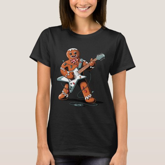 Santa Gingerbread Playing Guitar Funny Christmas P T-shirt (Voorkant)