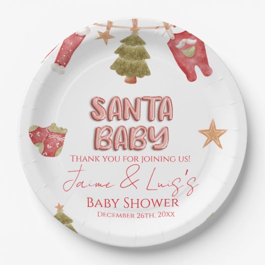 Santa Girl Boy Holiday Baby Shower Papieren Bordje (Voorkant)