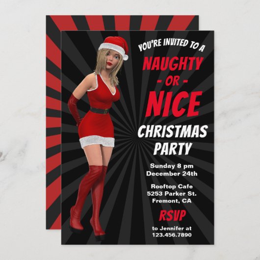 Santa Girl Naughty of Nice kerst Invite Kaart (Voorkant / Achterkant)