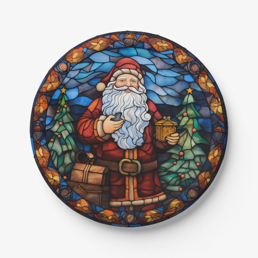 Santa Glas in lood Stijl Kerst Papier Borden Papieren Bordje (Voorkant)