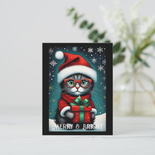 Santa Glasses Schattige Kat Gift Snowy Christmas Briefkaart (Staand voorkant)