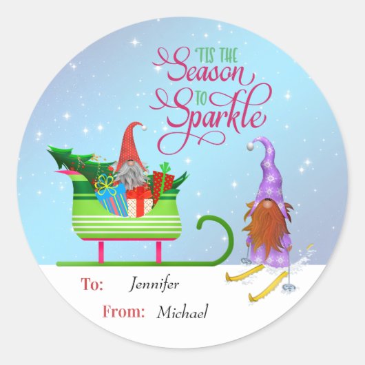 Santa Gnome en Skiing Gnome - Sason to Sparkle Ronde Sticker (Voorkant)