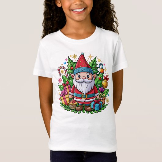 Santa Gnome met geschenken en vakantiedecoraties T-shirt (Voorkant)
