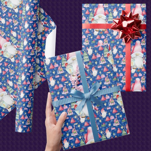 Santa Gnome voor Feestdagen Kerst Patroon Blauw Cadeaupapier