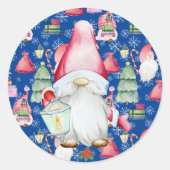 Santa Gnome voor Feestdagen Kerst Patroon Blauw Ronde Sticker (Voorkant)