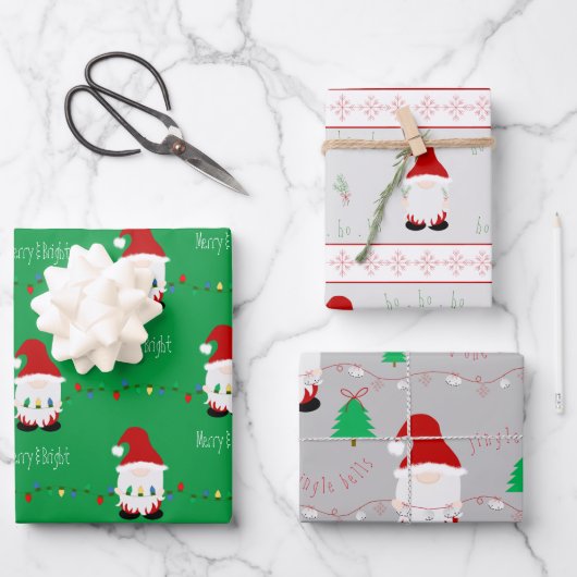Santa Gnome Wrapping Paper-vellen, set van 3 Inpakpapier Vel (Voorkant)