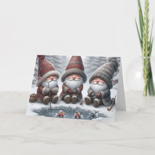 Santa Gnomes Ice Fishing Feestdagen Kaart (Voorkant)