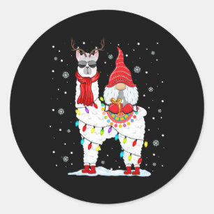 Santa Gnomes Riding Llama Reindeer Kerstlicht Ronde Sticker