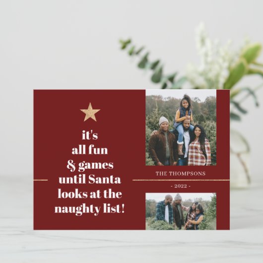 Santa Gold Star Tree Funny Quote Red Family Photo Feestdagenkaart (Staand voorkant)