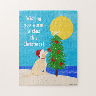 Santa Golden Dog-kerstboom op strand Puzzle Legpuzzel