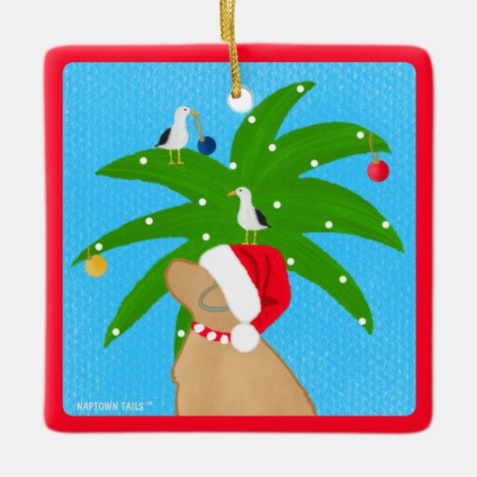 Santa Golden Dog Trimmen van de kerstpalmboom Keramisch Ornament (Voorkant)