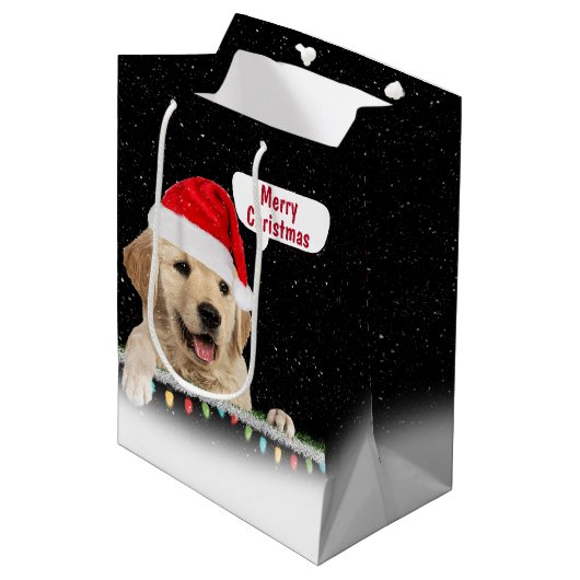 Santa Golden Retriever in Sneeuwvlokken Medium Gif Cadeauzakje (Voorkant Gekanteld)
