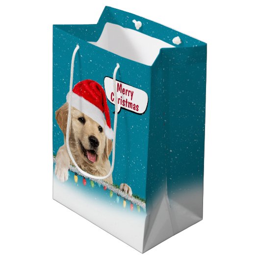 Santa Golden Retriever in Snowflakes Medium Cadeauzakje (Voorkant Gekanteld)