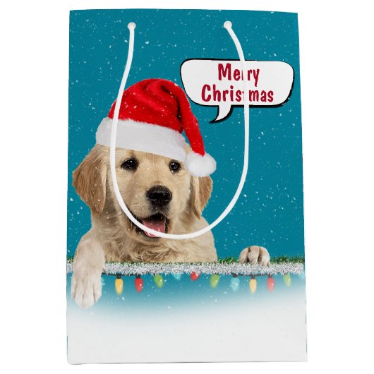 Santa Golden Retriever in Snowflakes Medium Cadeauzakje (Voorkant)