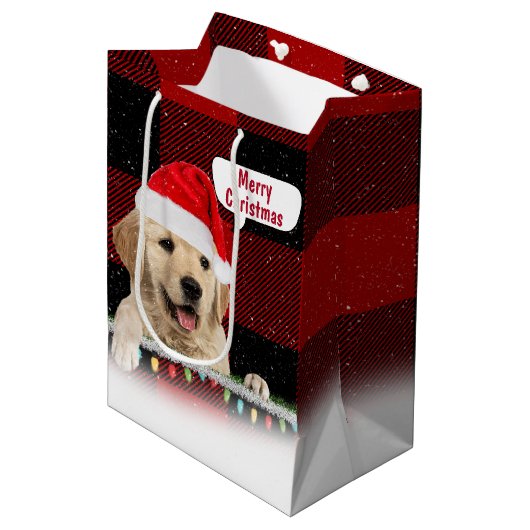 Santa Golden Retriever op Plaid Medium Cadeauzakje (Voorkant Gekanteld)