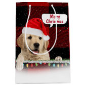 Santa Golden Retriever op Plaid Medium Cadeauzakje (Voorkant)