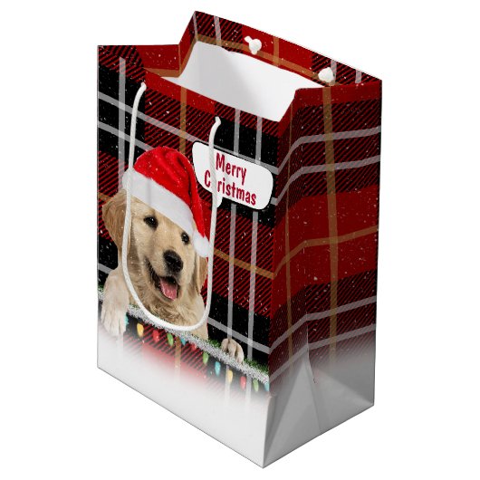 Santa Golden Retriever op speldenmager Medium Cadeauzakje (Voorkant Gekanteld)