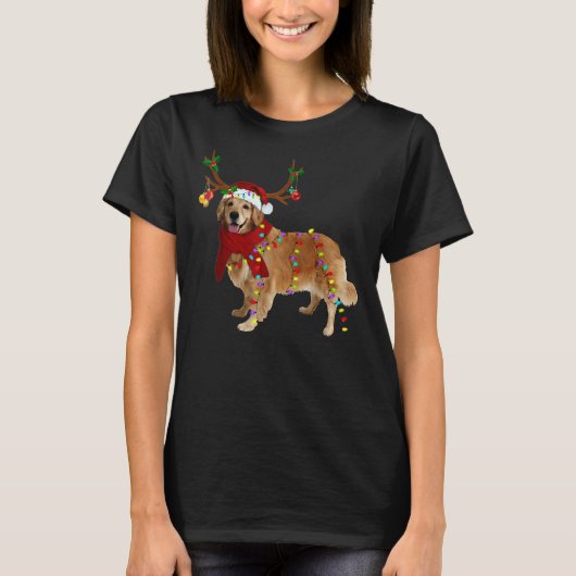 Santa Golden Retriever Reindeer Light Christmas T-shirt (Voorkant)