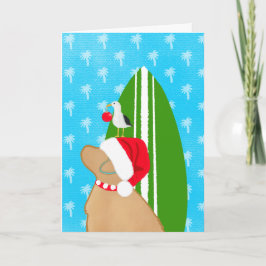 Santa Golden Surfboard Dog Seagull Christmas Kaart
